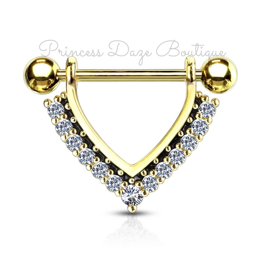 Gold‎ V-Shape CZ Shield Nipple Ring Barbell Set Body Jewelry